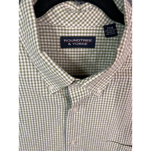 Roundtree & Yorke Shirt Mens 2XB-Green White Checked Seersucker Short Sleeve BD - Picture 2 of 6